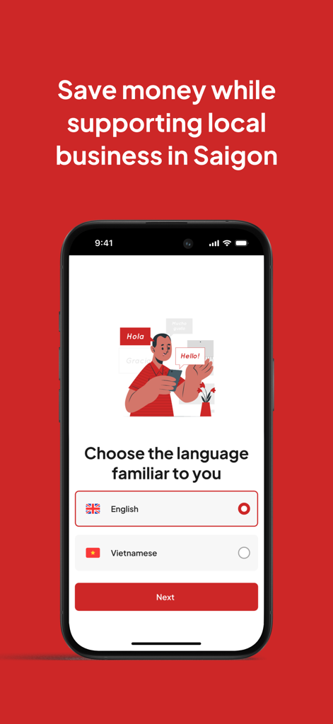 Saigon Scene - Saigon Scene mobile app language selection screen showing English and Vietnamese options