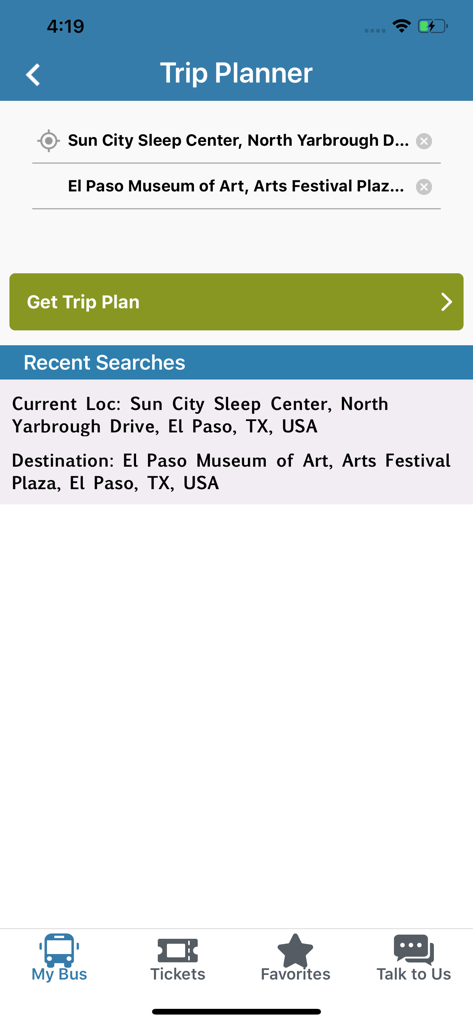 Ride Sun Metro - Trip Planner screen of the Ride Sun Metro app showing route search options between local El Paso landmarks.
