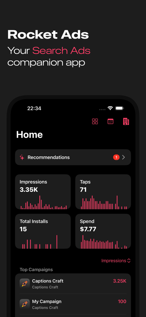 Rocket Ads - Rocket Ads mobile app home screen showing search ads campaign metrics like impressions, taps, and spend with sparkline graphs