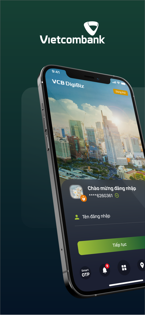VCB DigiBiz - Tela de login do aplicativo de mobile banking VCB DigiBiz em um iPhone com fundo de skyline de cidade e campos de login em vietnamita