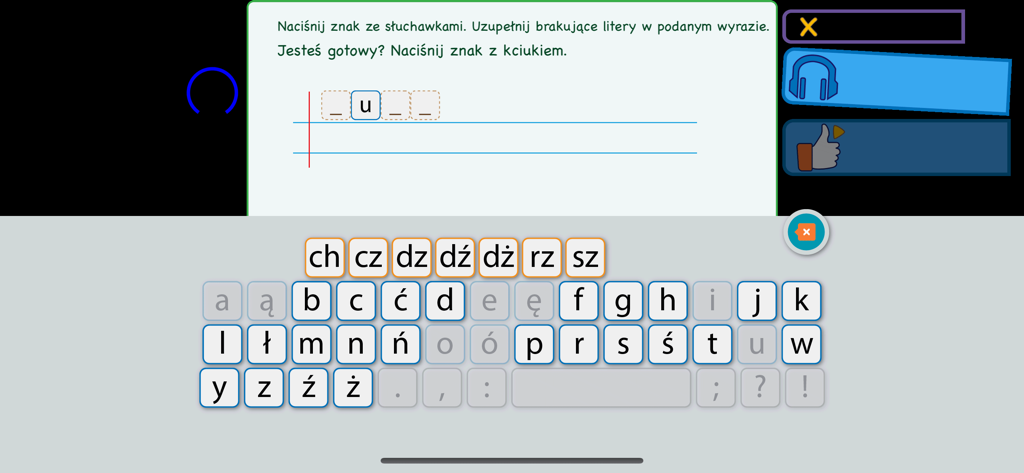 Polskie Ortogramy 2 - Educational interface for Polish spelling exercises featuring a custom alphabet keyboard and dictation instructions.