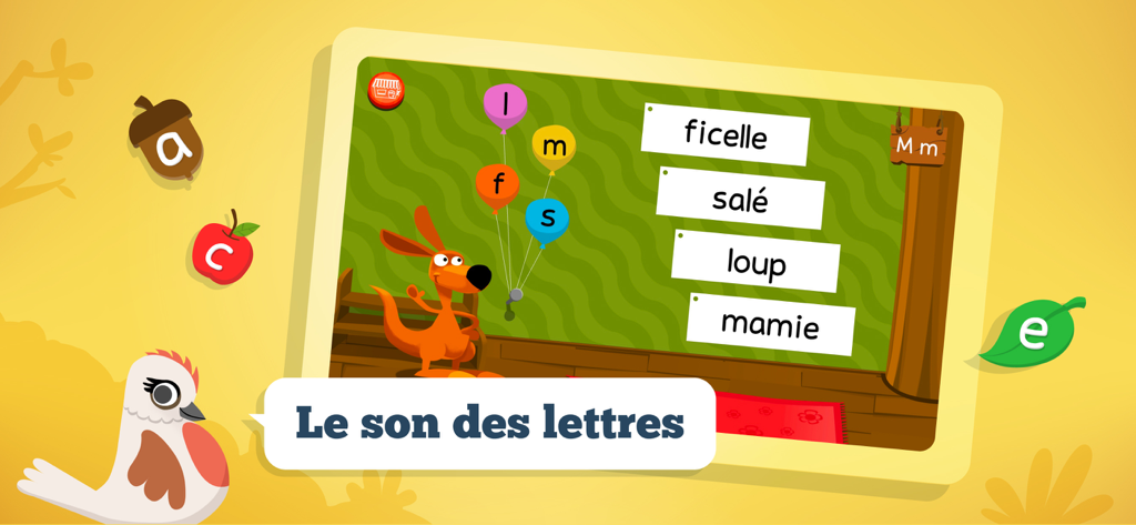 Pantalla educativa que muestra un canguro y globos con letras para aprender los sonidos de las letras francesas en la aplicación Le bonheur de lire