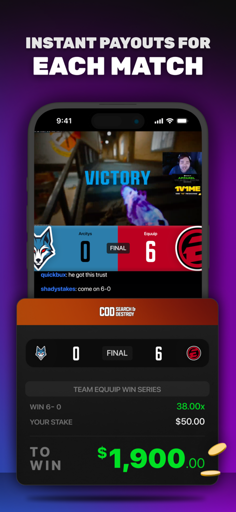 1v1Me app screen showing instant match payouts and potential winnings for an esports match