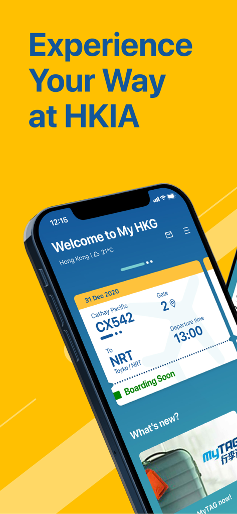 Smartphone showing the My HKG official app home screen with flight departure information and boarding status.