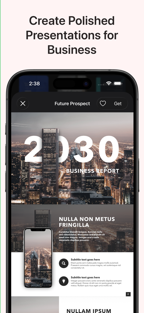 A business report presentation template displayed on a smartphone screen