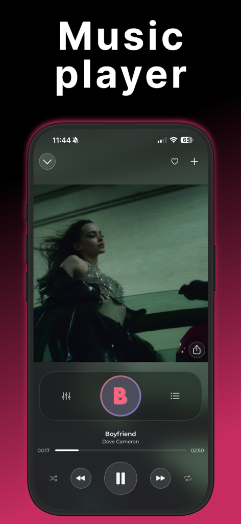 Bass Booster & Music EQ: BASSY - BASSY App Musik-Player-Oberfläche mit zentralem pinkfarbenem Bass-Boost-Button