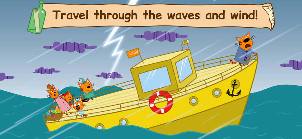 Kid-E-Cats-Charaktere auf einem gelben Boot während eines Seesturms mit Blitzen und Regen