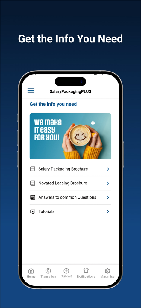 my+ - Captura de tela da tela de recursos de informação do aplicativo my plus mostrando links para brochuras de empacotamento salarial e leasing novado