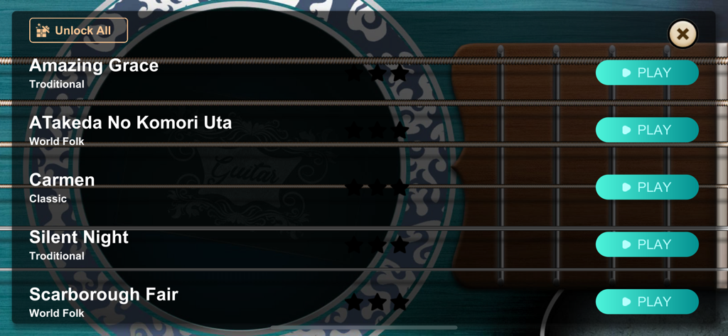 Interface of the Real Guitar app showing a list of songs like Amazing Grace and Silent Night with play buttons.