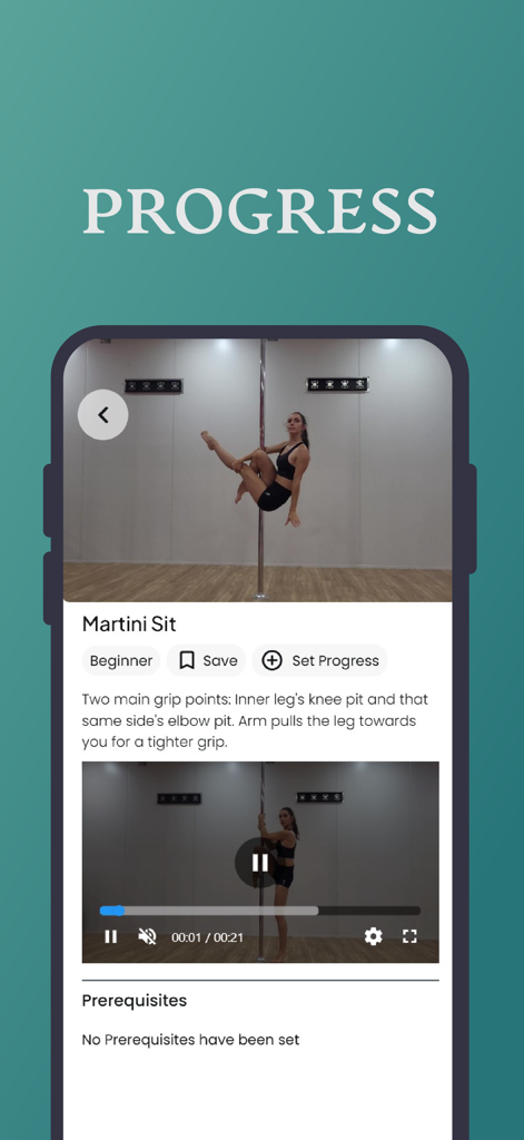 Evene Pole Dance - Pantalla de tutorial detallado para el movimiento de pole Martini Sit con seguimiento de progreso y demostración en video.