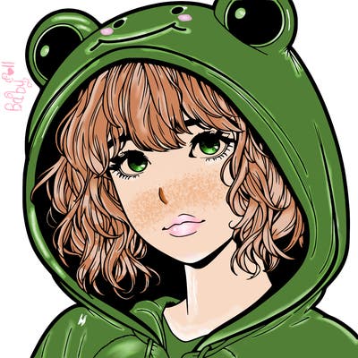 a realistic teenage girl with a messy fringe, in a frog onesie with the hood up