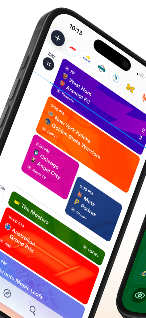 Ein Handybildschirm, der die Fixtured App Sportkalender mit Spielzeiten und Logos von Streaming-Plattformen für verschiedene Ligen anzeigt.