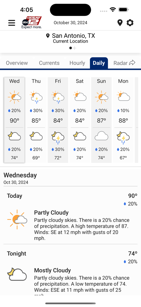 KSAT 12 Weather Authority app daily forecast view for San Antonio Texas