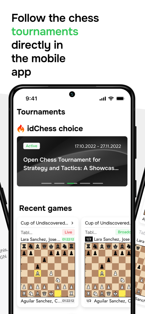 Smartphone displaying live chess tournament broadcasts and game boards on the idChess app