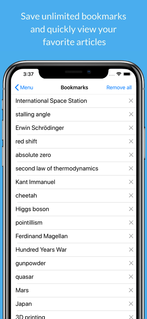 Mobile app interface showing the bookmarks list in Encyclopedia by Farlex with topics like Science, History, and Biographies.