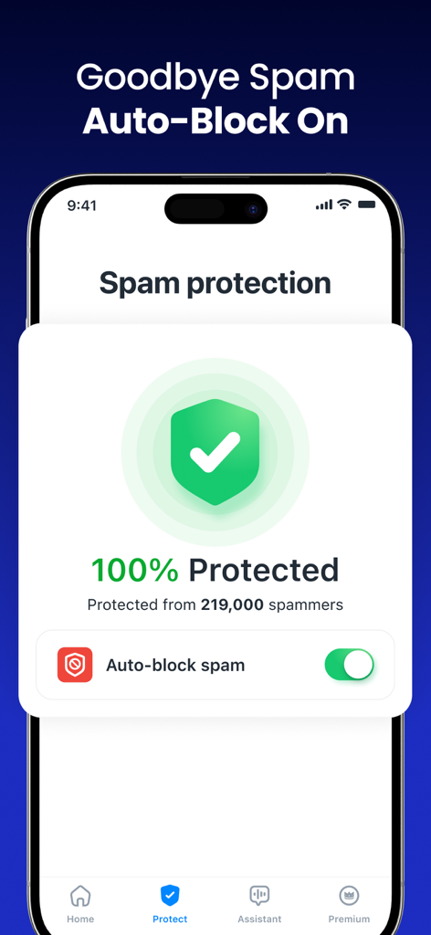 Interfaccia dell'app Truecaller che mostra la funzione di blocco automatico dello spam e lo stato di protezione