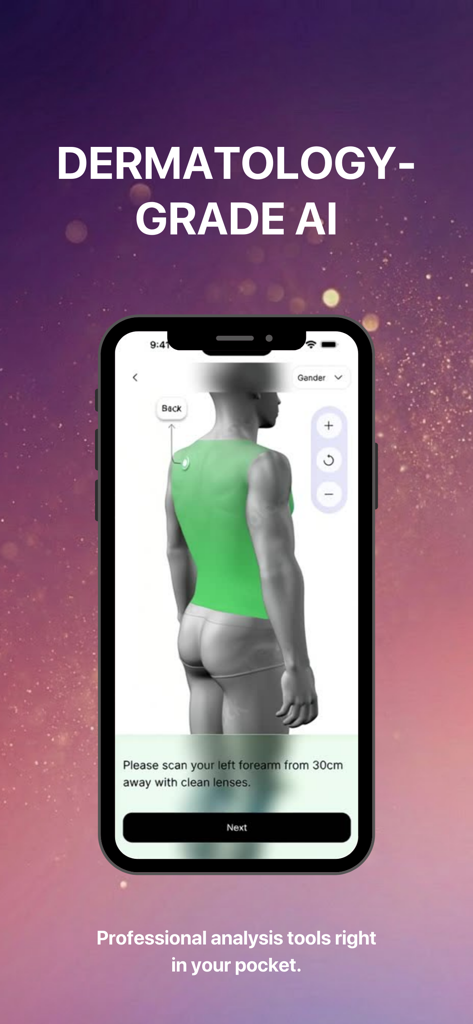 Mobile phone screen showing dermatology grade AI skin scanning and analysis