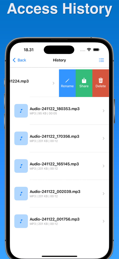 History screen of the Music Speed Changer app showing a list of edited audio files with rename, share, and delete options.