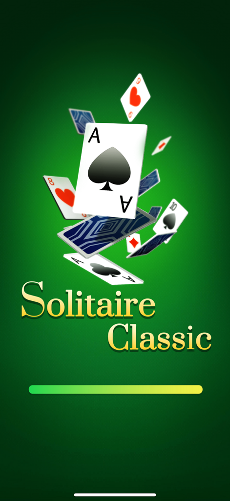 Solitaire Classic - 2026 - Pantalla de carga de Solitaire Classic con cartas cayendo y una barra de progreso verde sobre un fondo verde.