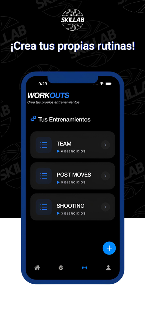 SKILLAB - A smartphone displaying the SKILLAB app's workout screen with categories for team training, post moves, and shooting drills