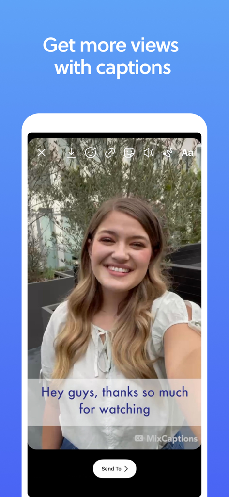 Smartphone screen showing the MixCaptions app interface with a woman creator and automatically generated video subtitles.