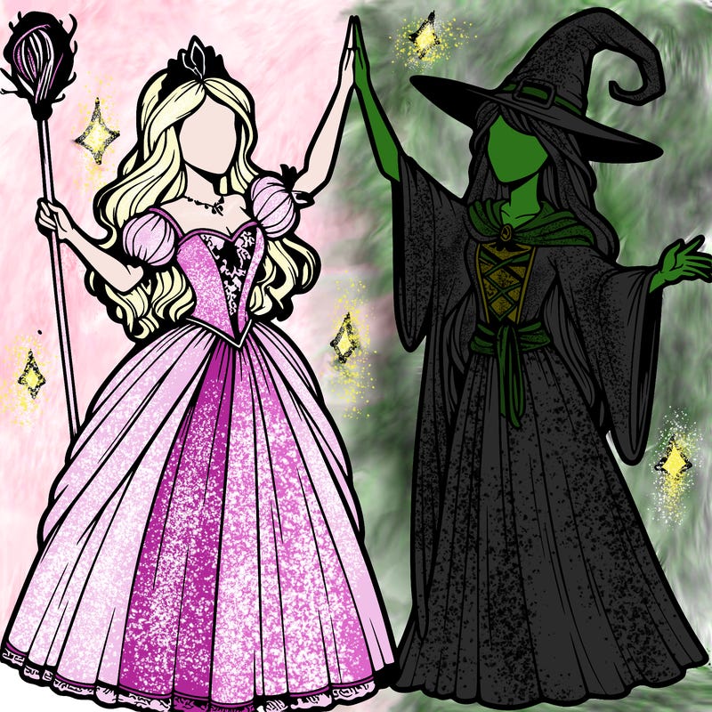 detailed realistic split of a princess and a witch