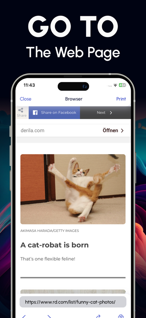 Printer App Smart Printer - Printer app interface showing a web browser with a print option for online articles