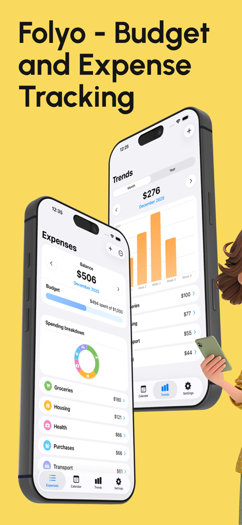 Folyo – Expense Tracker - Interface do aplicativo Folyo em iPhones exibindo detalhamento de despesas e gráficos de tendências financeiras mensais