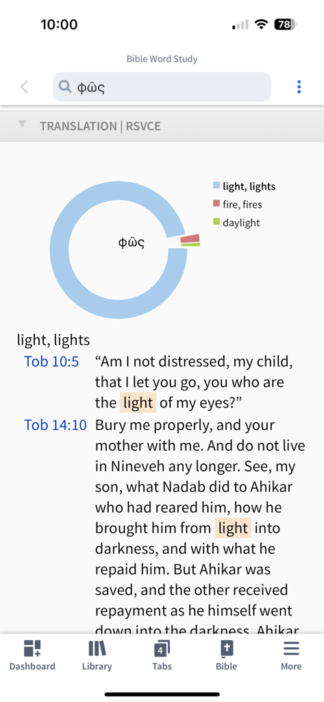 Verbum Catholic Bible Study - A screenshot of the Verbum Catholic Bible Study app showing the Bible Word Study feature with a translation chart for a Greek word.