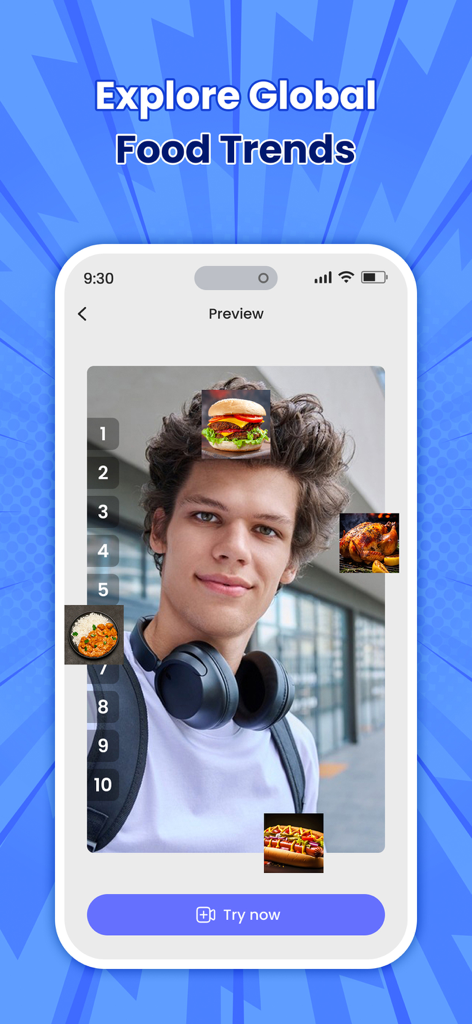 Prediction Filter Challenge - Un giovane uomo che utilizza il filtro Tendenze Alimentari Globali nell'app Sfida Filtri di Predizione