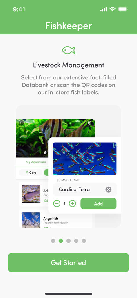 Fishkeeper - La pantalla de gestión de fauna de la aplicación Fishkeeper mostrando la adición de un tetra cardenal a una base de datos de acuario