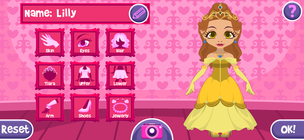 My Fairy Tale - Game - A character customization screen featuring a princess named Lilly with various dress up options for hair clothing and accessories