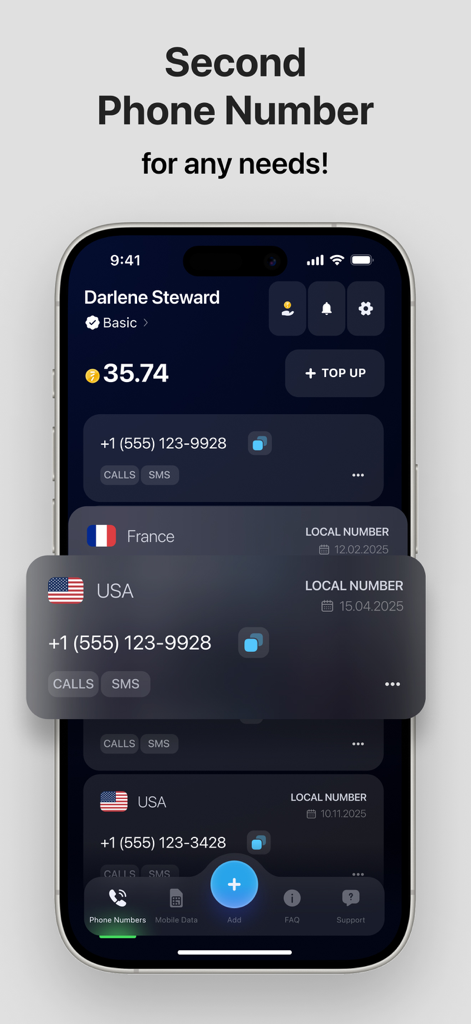 eSIM Plus: Second Phone Number - Interface of the eSIM Plus app showing multiple virtual phone numbers from different countries for calls and SMS
