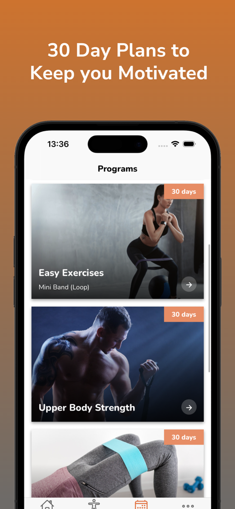 Screenshot dell'app Esercizi con Elastici che mostra un elenco di programmi di allenamento di trenta giorni.