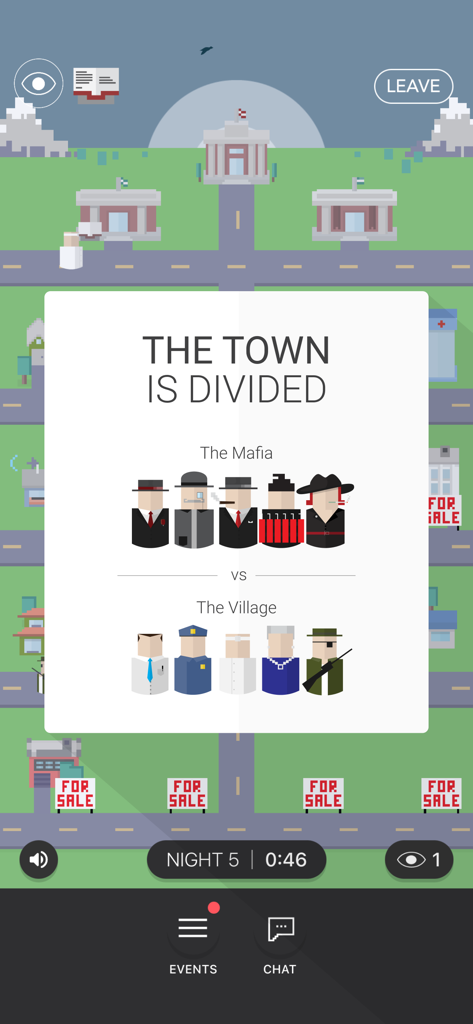Mafia Mystery - Screenshot of Mafia Mystery showing The Mafia versus The Village team division