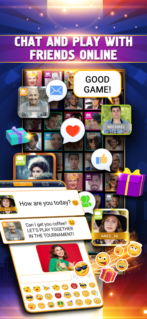 Interface montrant les fonctionnalités sociales de l'application, y compris le chat et les profils des joueurs