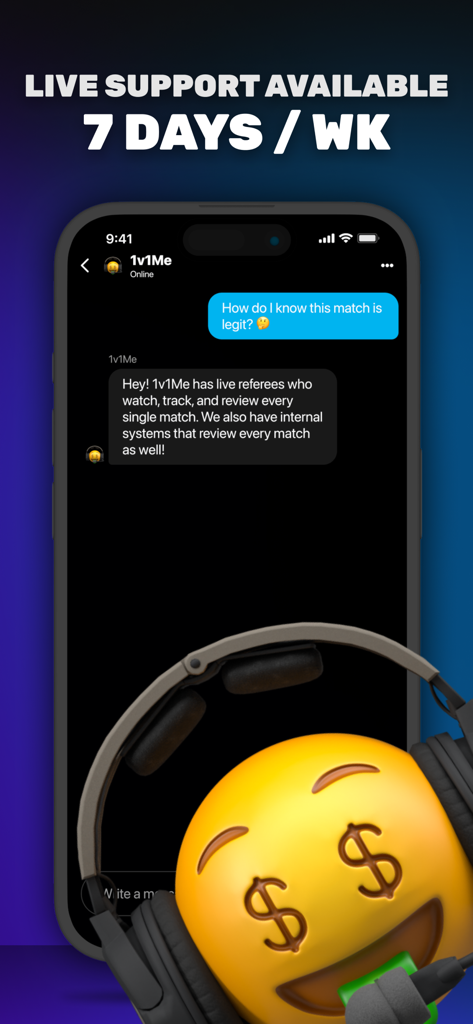 Screenshot of 1v1Me app showing live customer support chat and a 7 days a week service headline