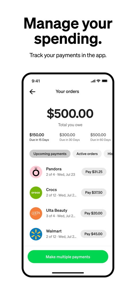Afterpay app interface showing upcoming payments and total amount owed for tracked orders
