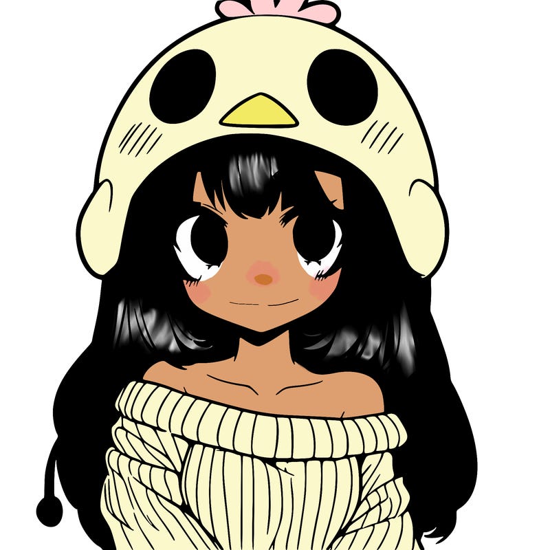 anime girl with chick shaped hat with sweater with bare shoulders with bangs covering them one eye with low tail