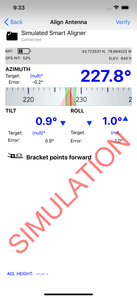 Smart Aligner app interface showing real time azimuth tilt and roll measurements in simulation mode