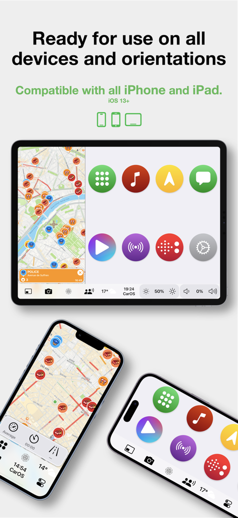 CarOS smart dashboard interface shown on iPhone and iPad in portrait and landscape modes