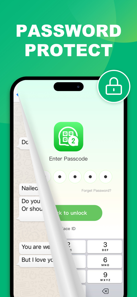 WA Web - Dual Chat App - Password protection screen for WA Web Dual Chat app showing a numeric keypad and passcode entry interface