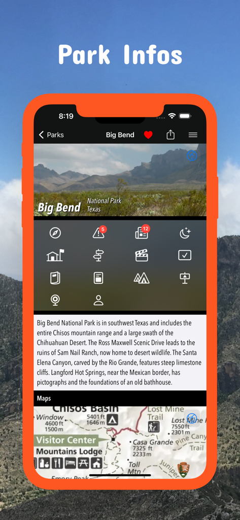Texas Pocket Maps - Texas Pocket Maps app interface displaying information and trail maps for Big Bend National Park.