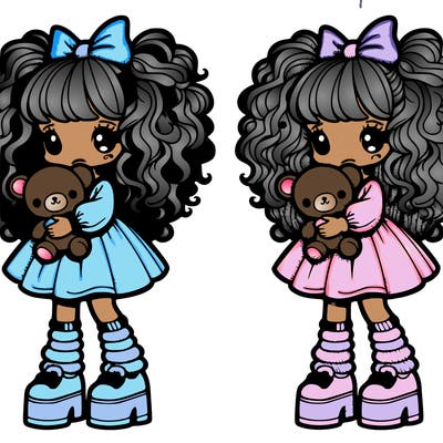 little girl cuddling a stuffed animal wear a pastel shirt and pastel skirt and mismatched socks and leg warmers and pastel doll platforms,with messy fluffy and curly hair with bangs covering her eyes