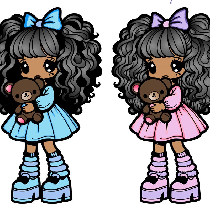 little girl cuddling a stuffed animal wear a pastel shirt and pastel skirt and mismatched socks and leg warmers and pastel doll platforms,with messy fluffy and curly hair with bangs covering her eyes