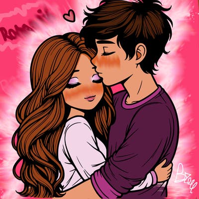 a realistic couple boy and girl hugging and kissing