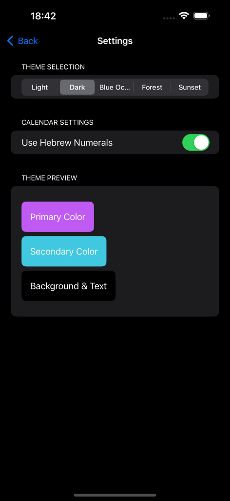 The settings screen of the Hebrew DateConverter app showing options for theme selection and a toggle to use Hebrew numerals