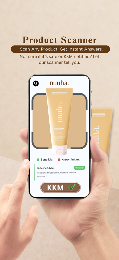 Nuuha app product scanner identifying skincare ingredients and safety status