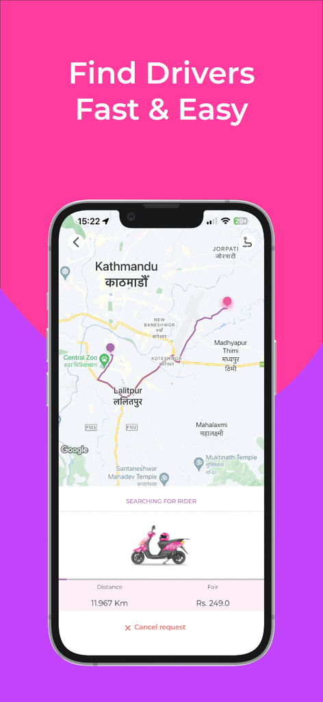 Tootle by Zapp app interface showing a scooter ride route and fare in Kathmandu