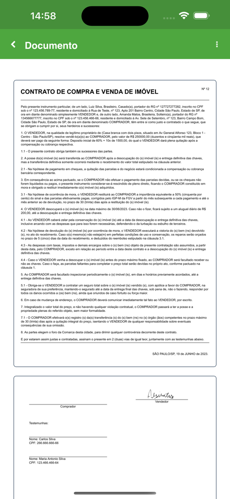 Prévia de um contrato de compra e venda de imóvel no aplicativo Gerador Contratos.